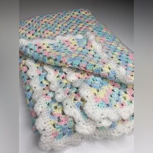 Crocheted Homemade Baby Blanket Pink, Yellow, Green, Blue and White 36x26